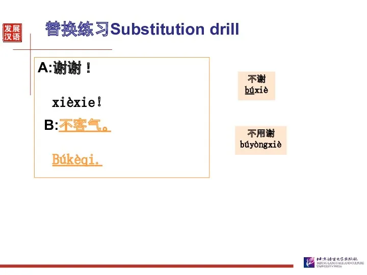 替换练习Substitution drill A:谢谢！ xièxie！ 不谢 búxiè 不用谢 búyòngxiè B:不客气。 Búkèqi.