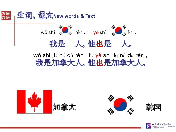 生词、课文New words & Text 加拿大 韩国 我是 人，他也是 人。 我是加拿大人，他也是加拿大人。 wǒ shì rén