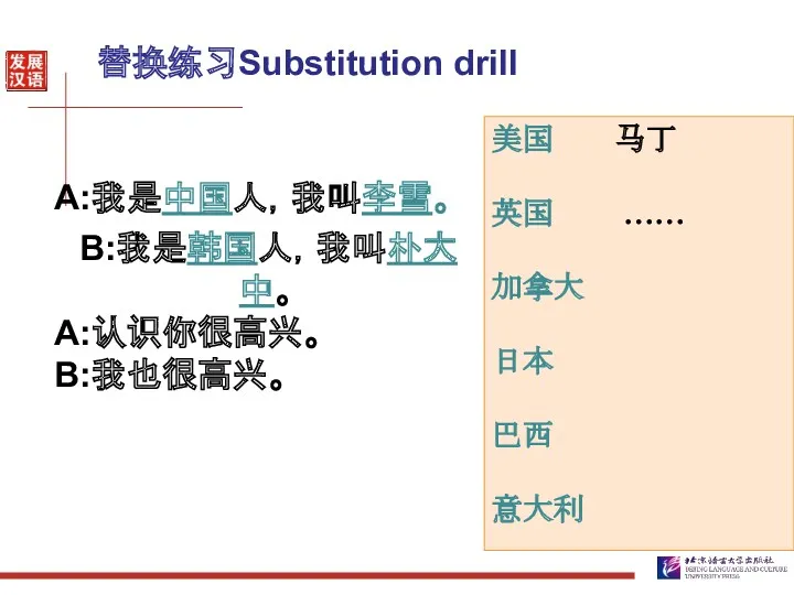 替换练习Substitution drill A:我是中国人，我叫李雪。 B:我是韩国人，我叫朴大中。 A:认识你很高兴。 B:我也很高兴。 美国 马丁 英国 …… 加拿大 日本 巴西 意大利
