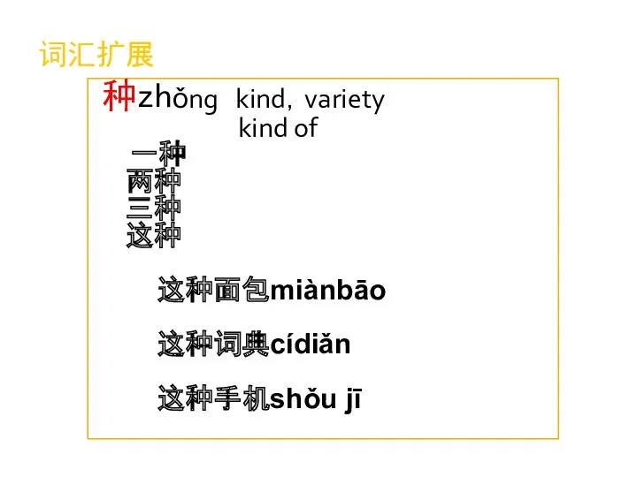 词汇扩展 种zhǒng kind，variety kind of 一种 两种 三种 这种 这种面包miànbāo 这种词典cídiǎn 这种手机shǒu jī