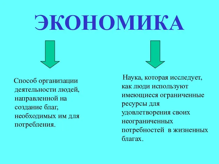 ЭКОНОМИКА Способ организации деятельности людей, направленной на создание благ, необходимых