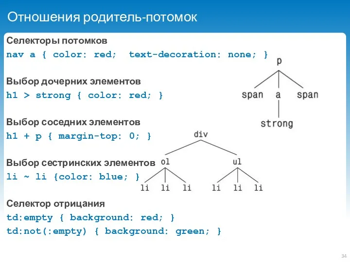 Отношения родитель-потомок Селекторы потомков nav a { color: red; text-decoration: