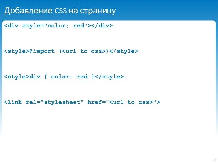 Добавление CSS на страницу @import ( ) div { color: red } ">