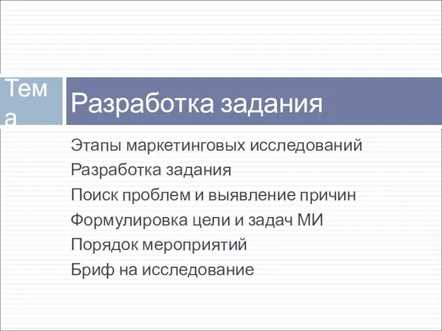 Этапы маркетинговых исследований Разработка задания Поиск проблем и выявление причин