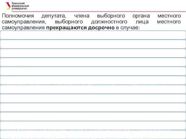 Полномочия депутата, члена выборного органа местного самоуправления, выборного должностного лица местного самоуправления прекращаются досрочно в случае: