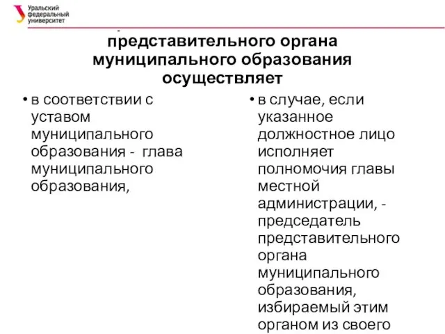 Организацию деятельности представительного органа муниципального образования осуществляет в соответствии с