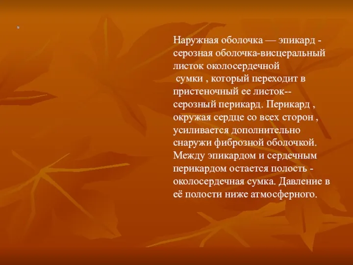 Наружная оболочка — эпикард - серозная оболочка-висцеральный листок околосердечной сумки