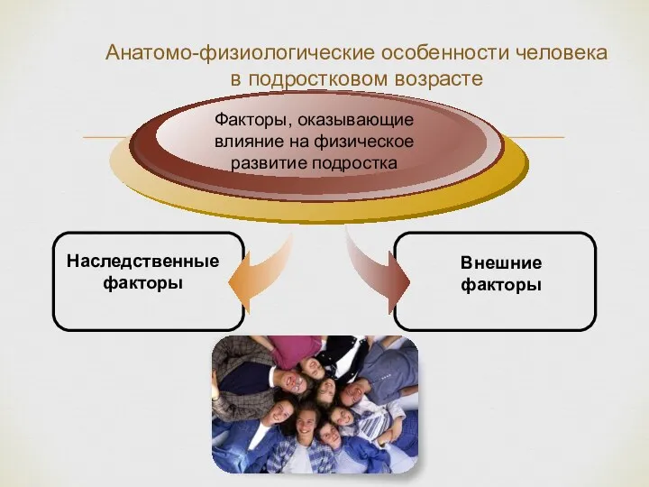 Наследственные факторы Факторы, оказывающие влияние на физическое развитие подростка Внешние