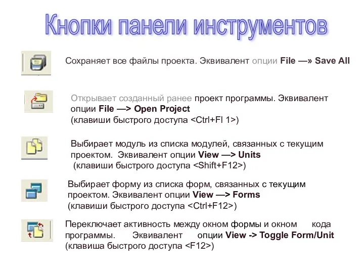 Сохраняет все файлы проекта. Эквивалент опции File —» Save All