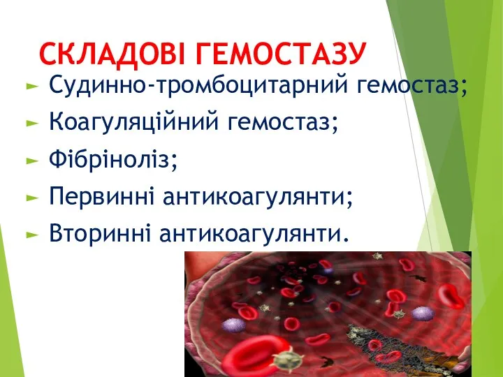 СКЛАДОВІ ГЕМОСТАЗУ Судинно-тромбоцитарний гемостаз; Коагуляційний гемостаз; Фібріноліз; Первинні антикоагулянти; Вторинні антикоагулянти.