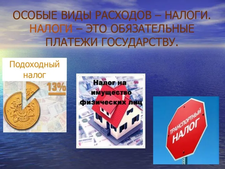 ОСОБЫЕ ВИДЫ РАСХОДОВ – НАЛОГИ. НАЛОГИ – ЭТО ОБЯЗАТЕЛЬНЫЕ ПЛАТЕЖИ ГОСУДАРСТВУ. Подоходный налог