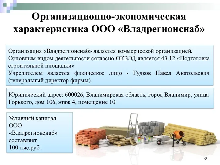 Организационно-экономическая характеристика ООО «Владрегионснаб» Организация «Владрегионснаб» является коммерческой организацией. Основным