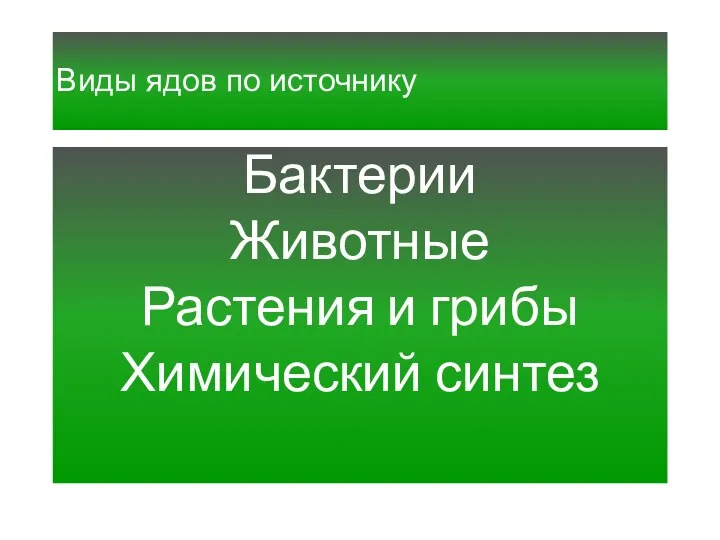 Виды ядов по источнику Бактерии Животные Растения и грибы Химический синтез