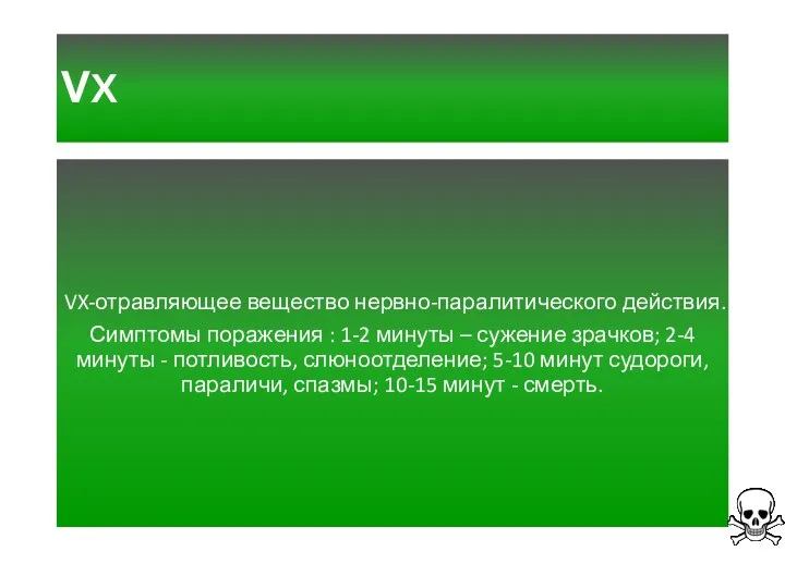 VX VX-отравляющее вещество нервно-паралитического действия. Симптомы поражения : 1-2 минуты