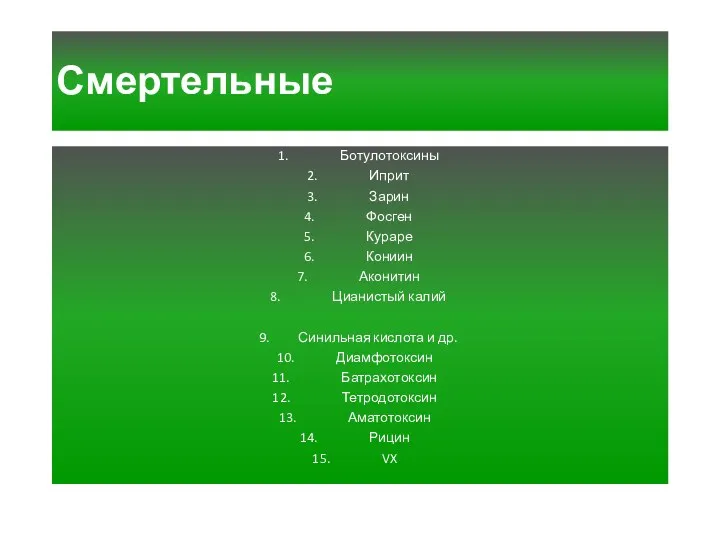 Смертельные Ботулотоксины Иприт Зарин Фосген Кураре Кониин Аконитин Цианистый калий