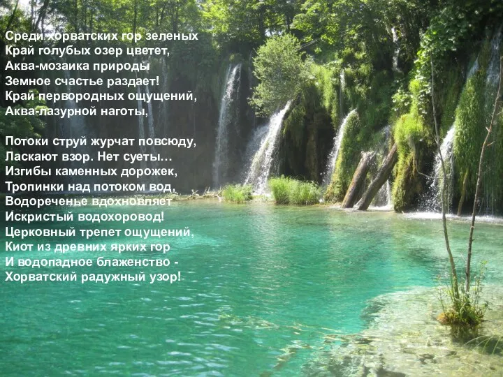 Среди хорватских гор зеленых Край голубых озер цветет, Аква-мозаика природы Земное счастье раздает!