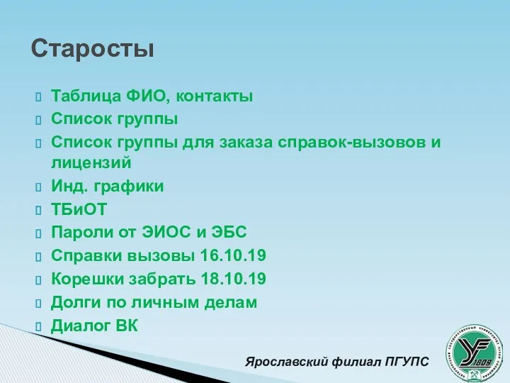 Таблица ФИО, контакты Список группы Список группы для заказа справок-вызовов