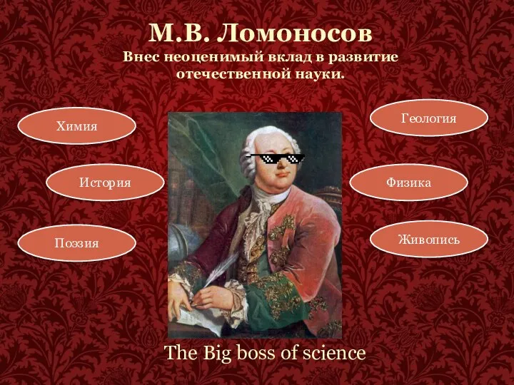М.В. Ломоносов Внес неоценимый вклад в развитие отечественной науки. Химия