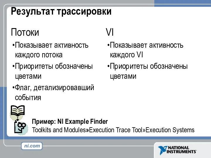 Результат трассировки Потоки Показывает активность каждого потока Приоритеты обозначены цветами