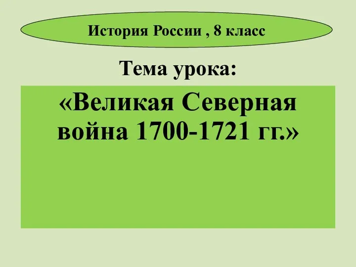 Тема урока: «Великая Северная война 1700-1721 гг.» История России , 8 класс