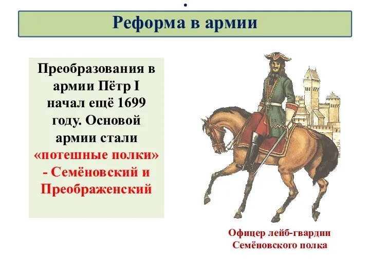 Офицер лейб-гвардии Семёновского полка Преобразования в армии Пётр I начал