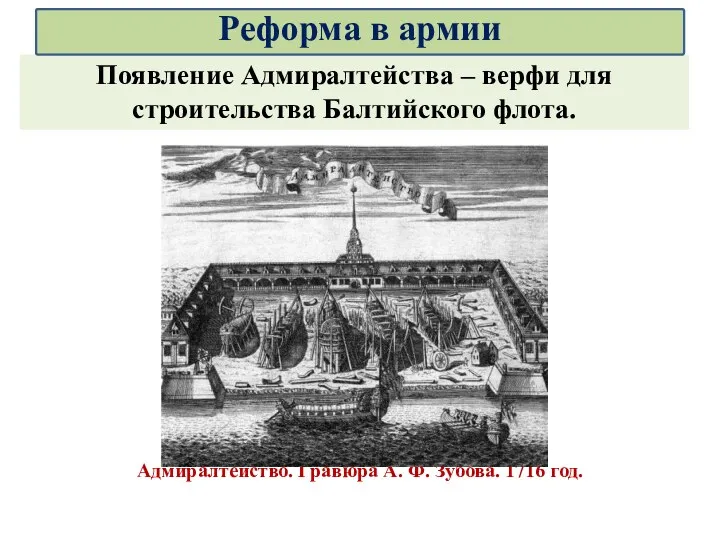 Адмиралтейство. Гравюра А. Ф. Зубова. 1716 год. Появление Адмиралтейства –