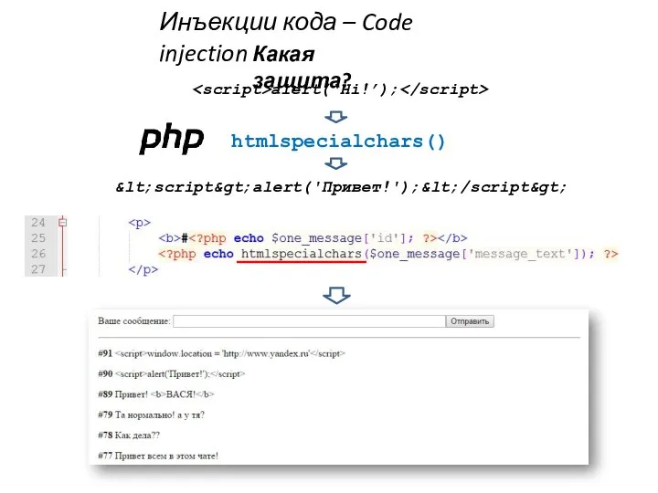 Инъекции кода – Code injection Какая защита? htmlspecialchars() alert(‘Hi!’); &lt;script&gt;alert('Привет!');&lt;/script&gt;