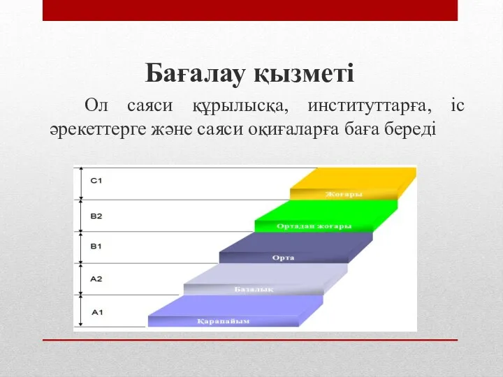 Бағалау қызметі Ол саяси құрылысқа, институттарға, іс әрекеттерге және саяси оқиғаларға баға береді