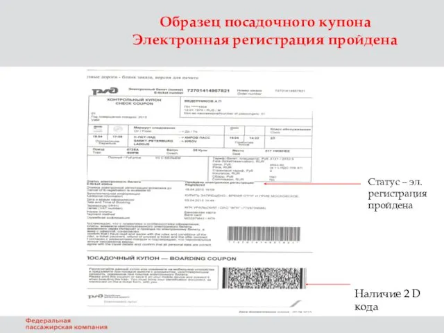 Образец посадочного купона Электронная регистрация пройдена Статус – эл.регистрация пройдена Наличие 2 D кода