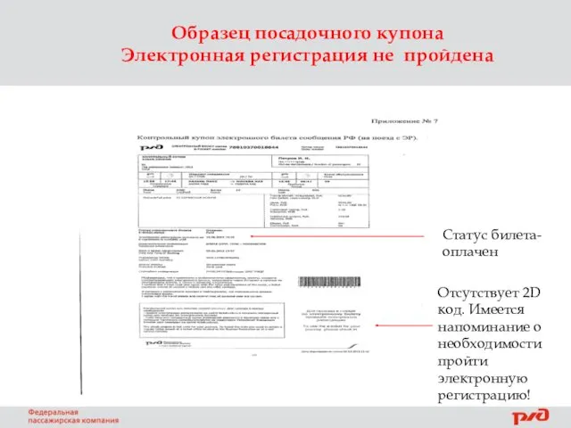 Образец посадочного купона Электронная регистрация не пройдена Статус билета- оплачен