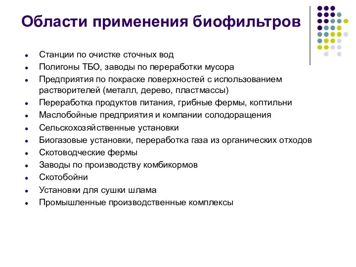 Области применения биофильтров Станции по очистке сточных вод Полигоны ТБО,