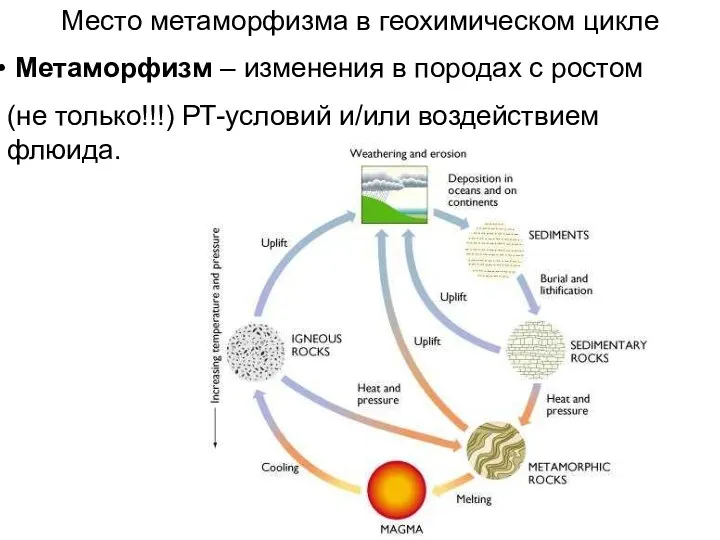 Место метаморфизма в геохимическом цикле Метаморфизм – изменения в породах