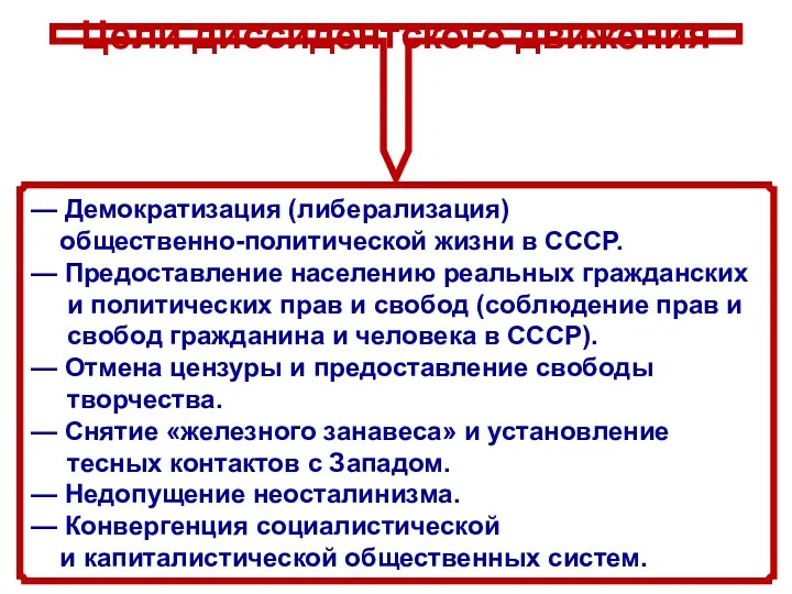 Цели диссидентского движения — Демократизация (либерализация) общественно-политической жизни в СССР.