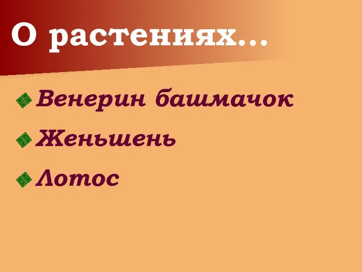 О растениях… Венерин башмачок Женьшень Лотос