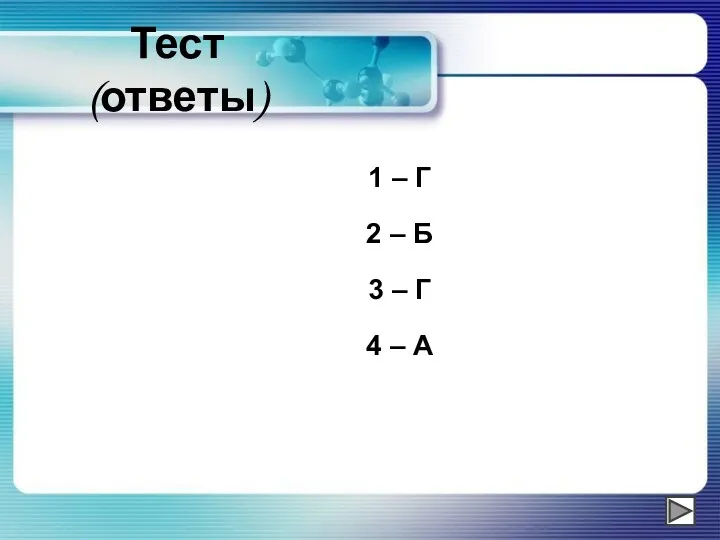 Тест (ответы) 1 – Г 2 – Б 3 – Г 4 – А