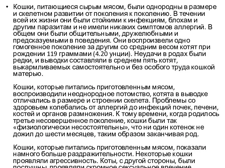 Кошки, питающиеся сырым мясом, были однородны в размере и скелетном