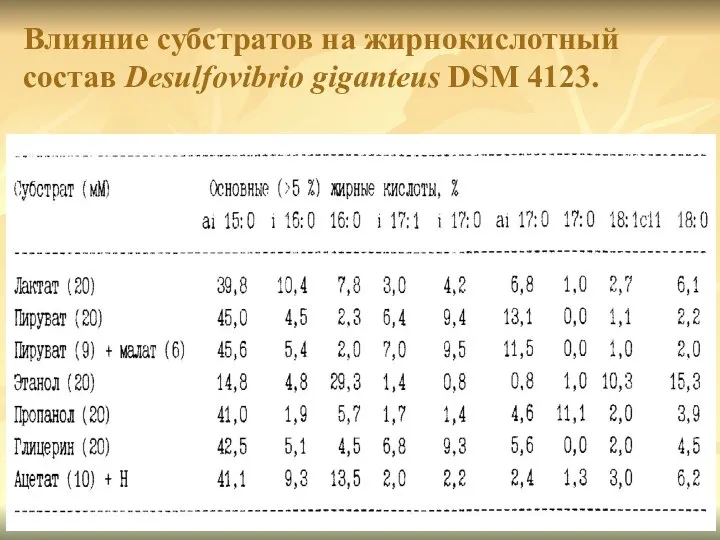 Влияние субстратов на жирнокислотный состав Desulfovibrio giganteus DSM 4123.