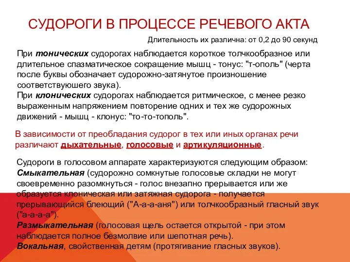 СУДОРОГИ В ПРОЦЕССЕ РЕЧЕВОГО АКТА Длительность их различна: от 0,2