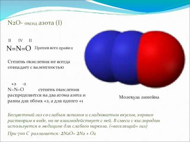 N2O- оксид азота (I) II IV II N=N=O Против всех
