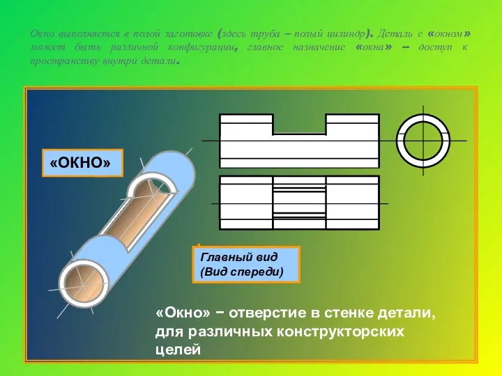 Окно выполняется в полой заготовке (здесь труба – полый цилиндр).