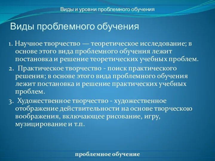 Виды проблемного обучения 1. Научное творчество — теоретическое исследование; в