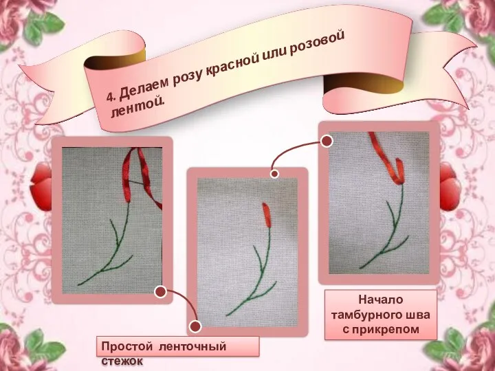 4. Делаем розу красной или розовой лентой. Простой ленточный стежок Начало тамбурного шва с прикрепом