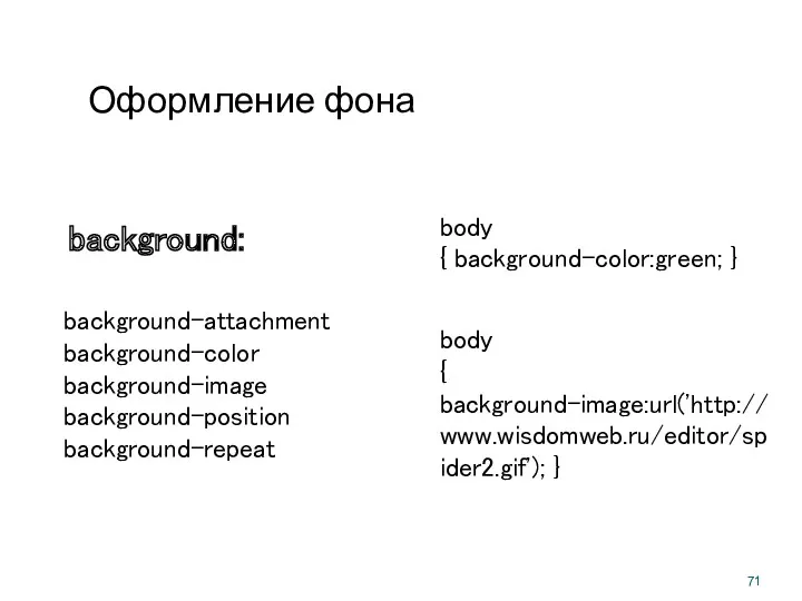 Оформление фона background-attachment background-color background-image background-position background-repeat background: body { background-color:green; } body { background-image:url('http://www.wisdomweb.ru/editor/spider2.gif'); }