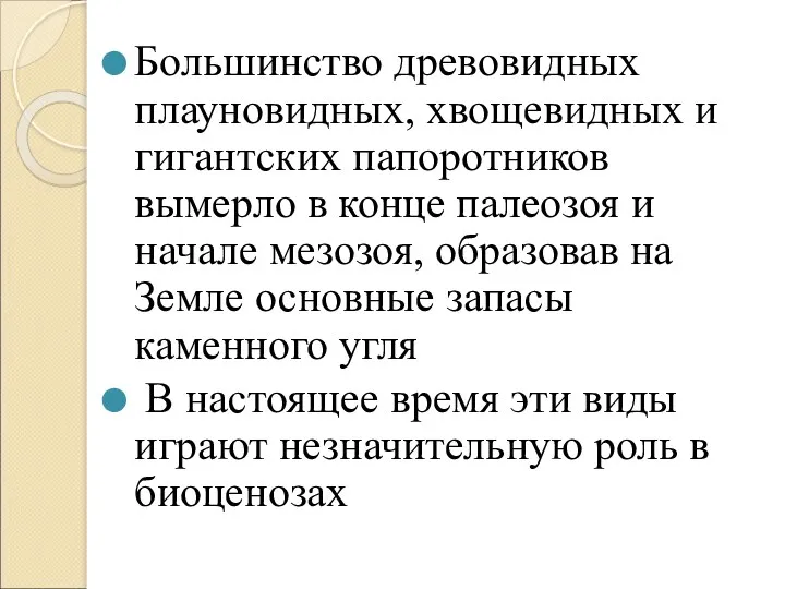 Большинство древовидных плауновидных, хвощевидных и гигантских папоротников вымерло в конце