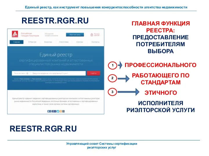 Управляющий совет Системы сертификации риэлторских услуг ГЛАВНАЯ ФУНКЦИЯ РЕЕСТРА: ПРЕДОСТАВЛЕНИЕ