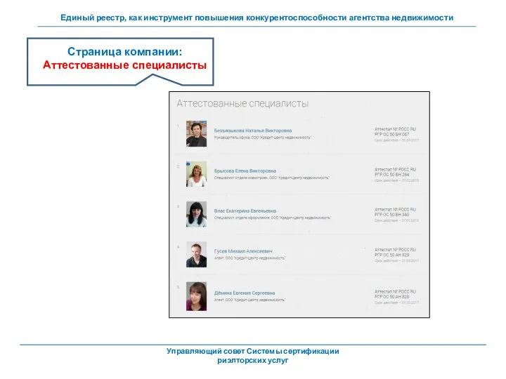 Страница компании: Аттестованные специалисты Управляющий совет Системы сертификации риэлторских услуг