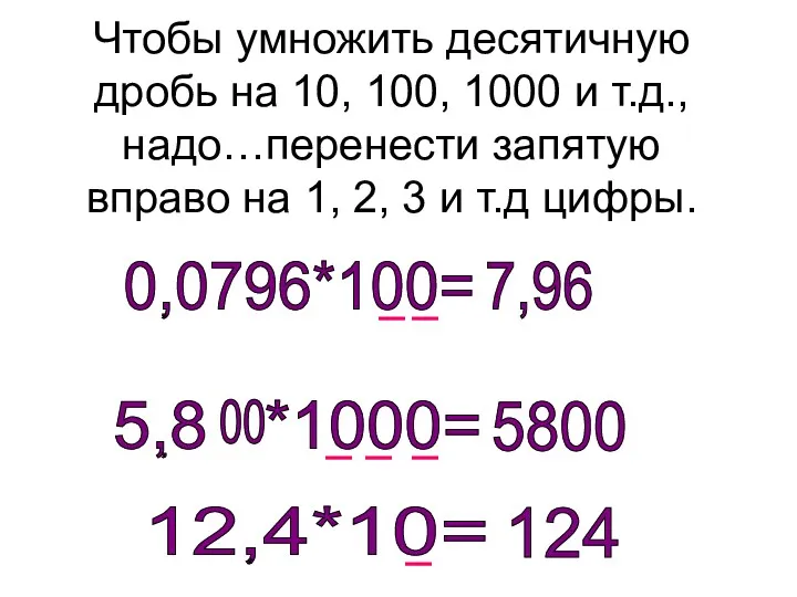 Чтобы умножить десятичную дробь на 10, 100, 1000 и т.д.,