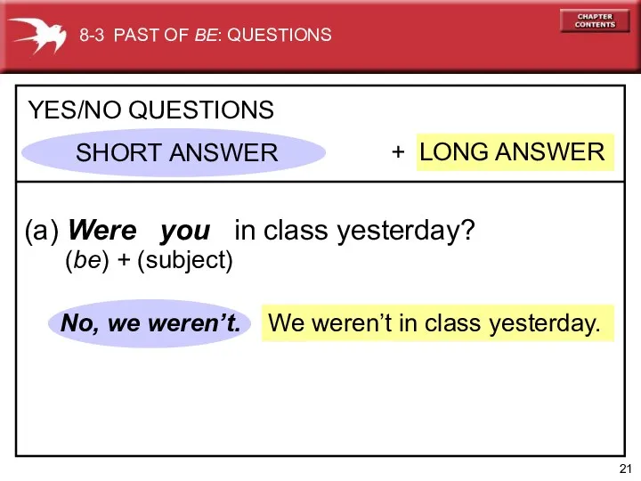 We weren’t in class yesterday. No, we weren’t. + LONG ANSWER YES/NO QUESTIONS
