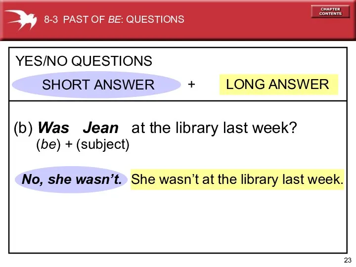 She wasn’t at the library last week. No, she wasn’t. + LONG ANSWER