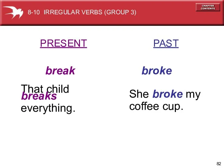PRESENT PAST break broke That child breaks everything. She broke my coffee cup.
